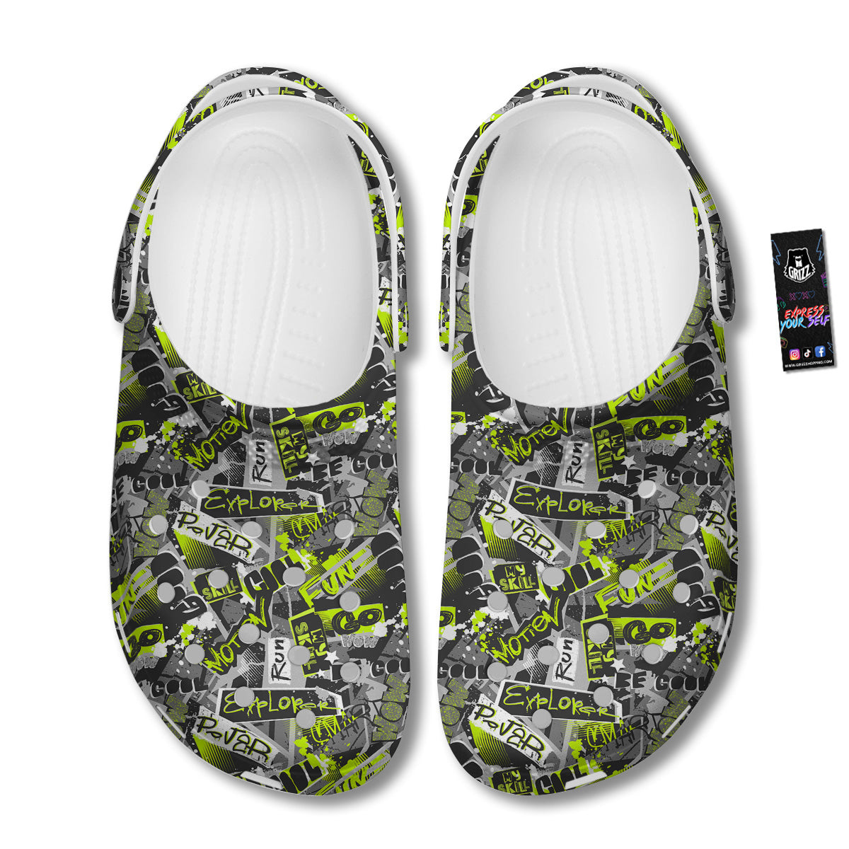 Abstract Grey And Neon Green Graffiti Print Pattern Clog-grizzshop