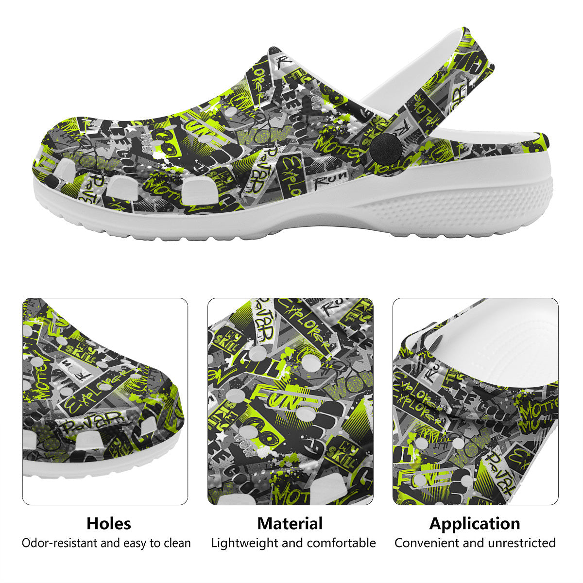 Abstract Grey And Neon Green Graffiti Print Pattern Clog-grizzshop