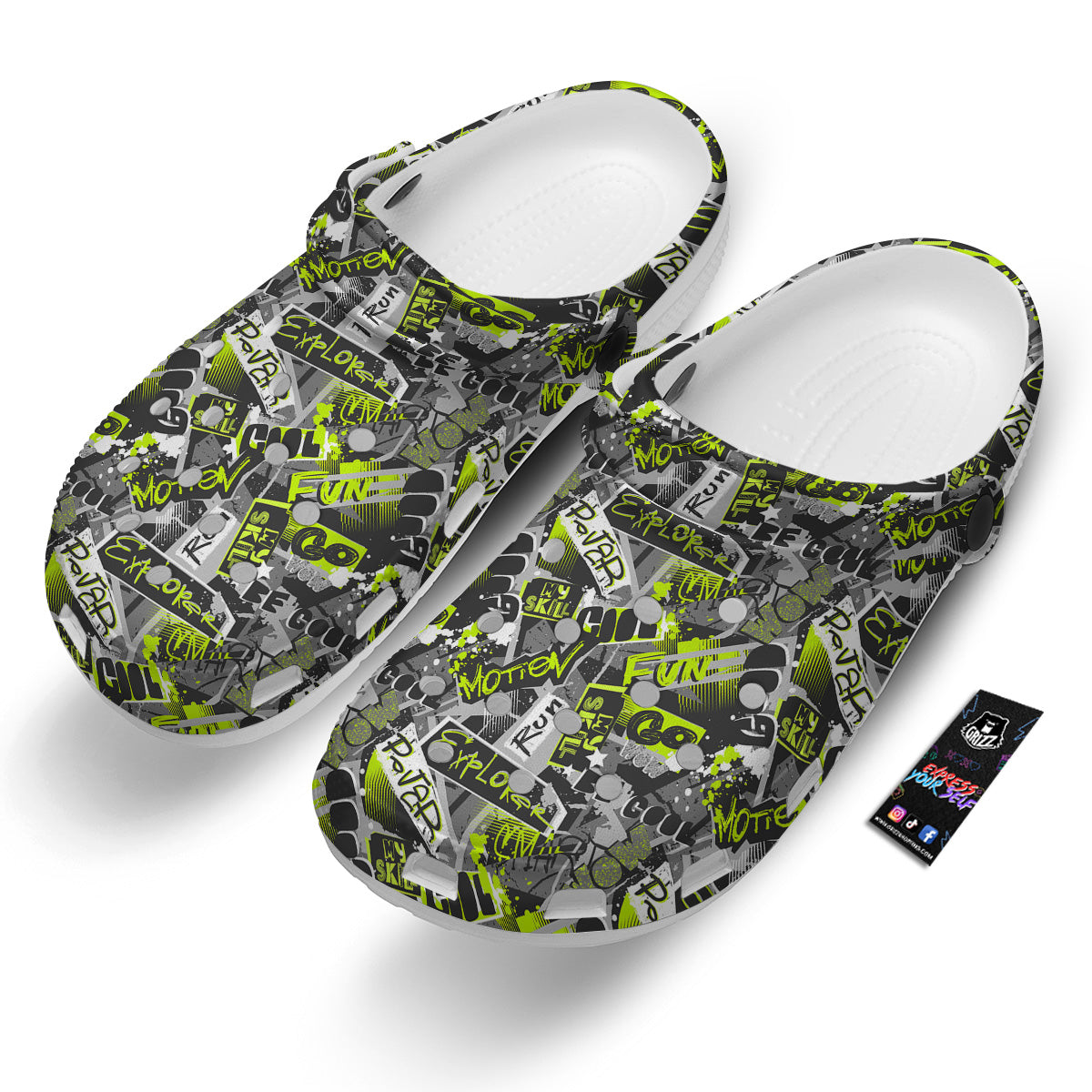 Abstract Grey And Neon Green Graffiti Print Pattern Clog-grizzshop