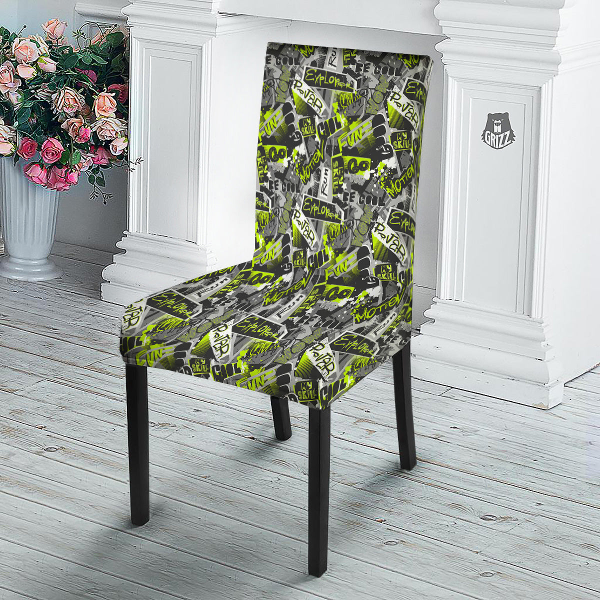 Abstract Grey And Neon Green Graffiti Print Pattern Dining Chair Slipcover-grizzshop