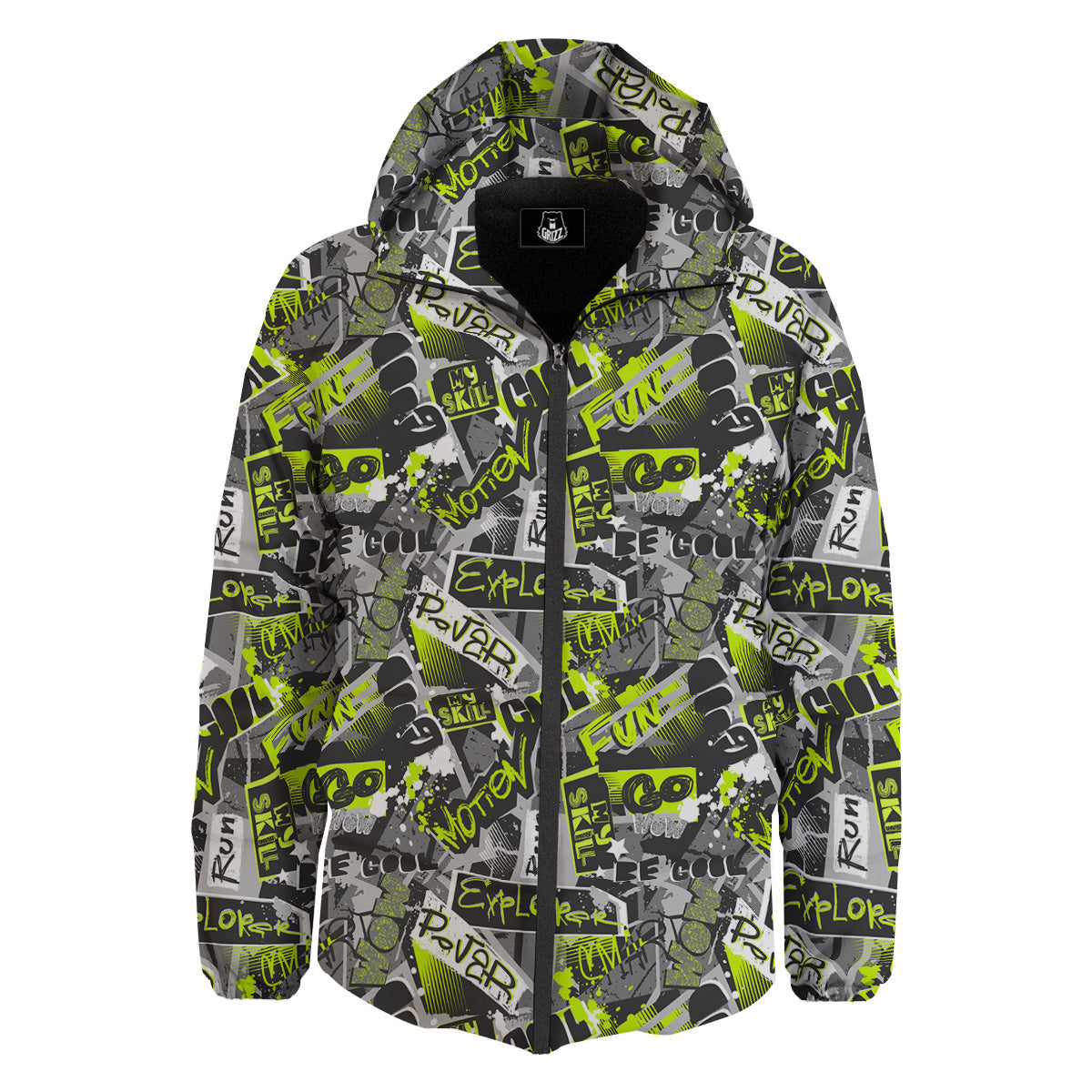 Abstract Grey And Neon Green Graffiti Print Pattern Down Jacket-grizzshop