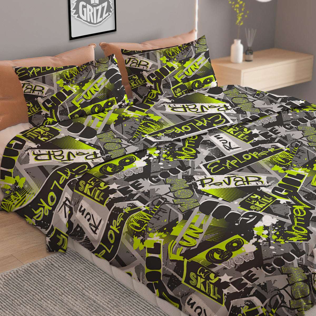 Abstract Grey And Neon Green Graffiti Print Pattern Duvet Cover Bedding Set