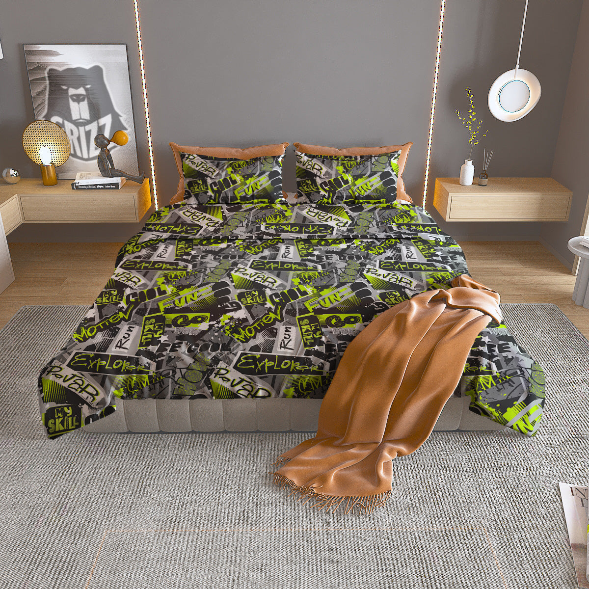 Abstract Grey And Neon Green Graffiti Print Pattern Duvet Cover Bedding Set