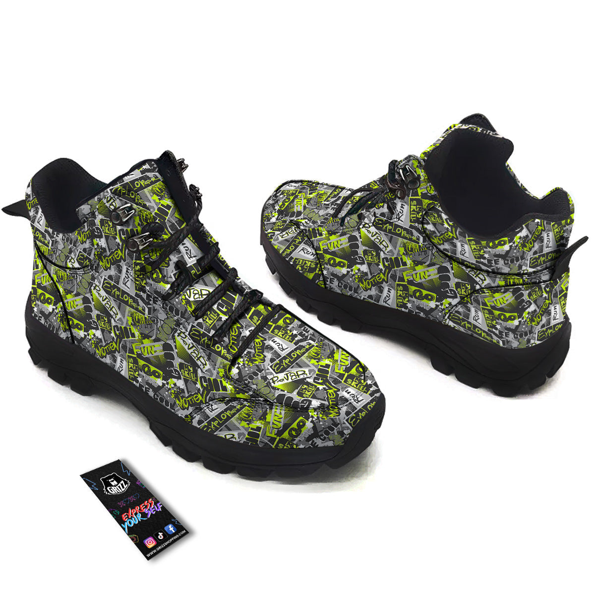 Abstract Grey And Neon Green Graffiti Print Pattern Hiking Shoes-grizzshop