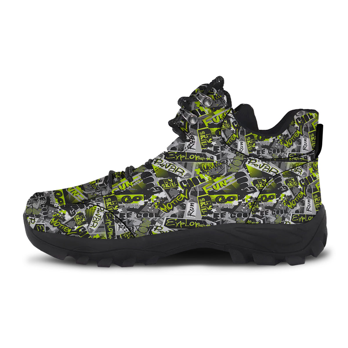 Abstract Grey And Neon Green Graffiti Print Pattern Hiking Shoes-grizzshop