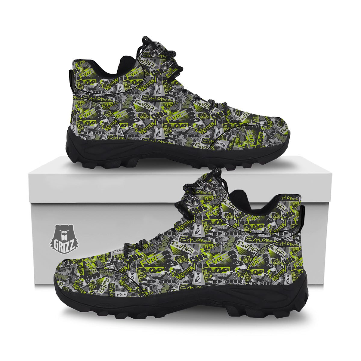 Abstract Grey And Neon Green Graffiti Print Pattern Hiking Shoes-grizzshop