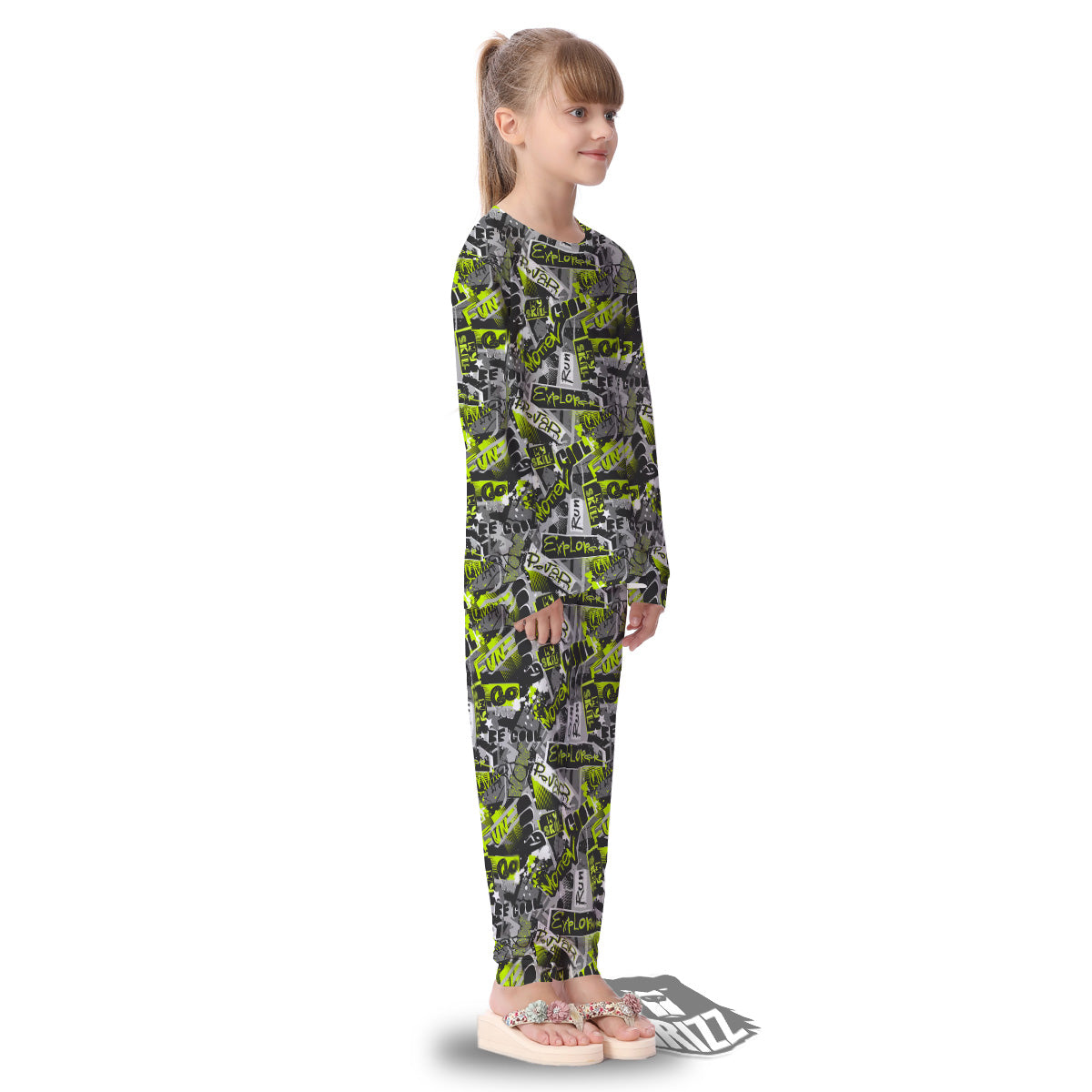 Abstract Grey And Neon Green Graffiti Print Pattern Kid's Pajamas-grizzshop