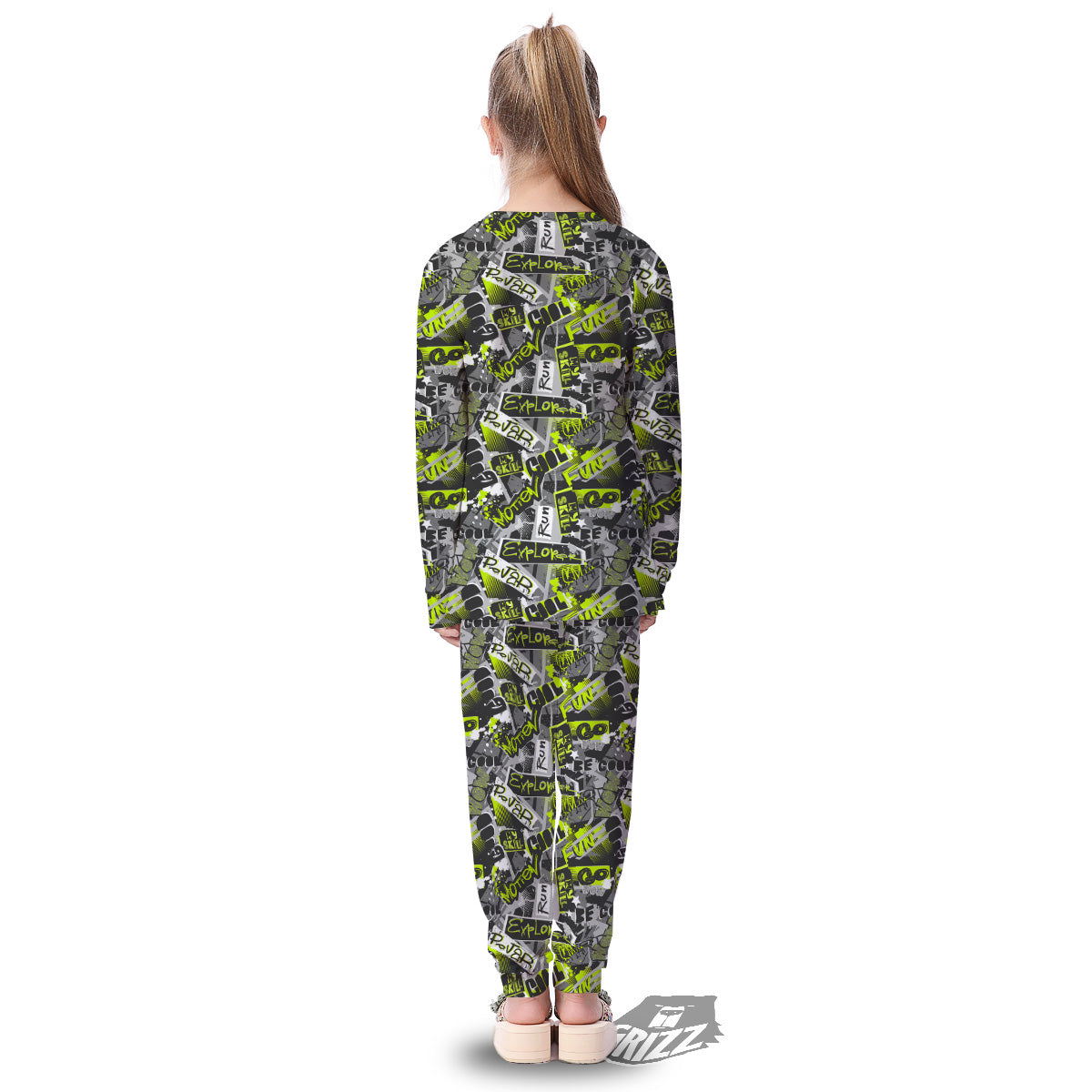 Abstract Grey And Neon Green Graffiti Print Pattern Kid's Pajamas-grizzshop