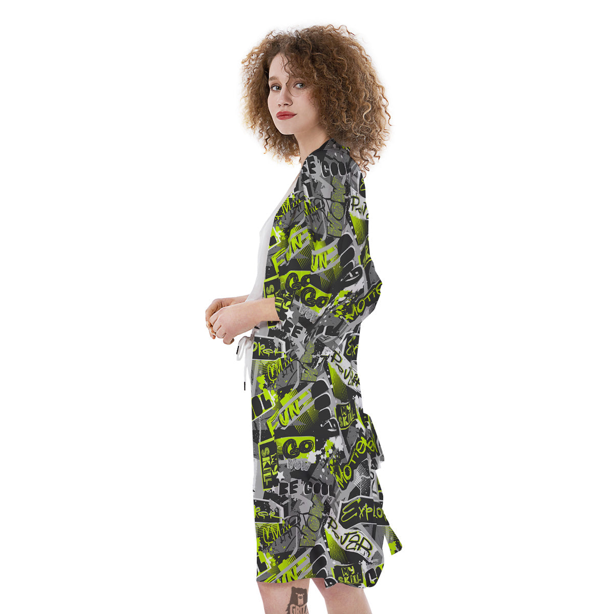 Abstract Grey And Neon Green Graffiti Print Pattern Kimono-grizzshop