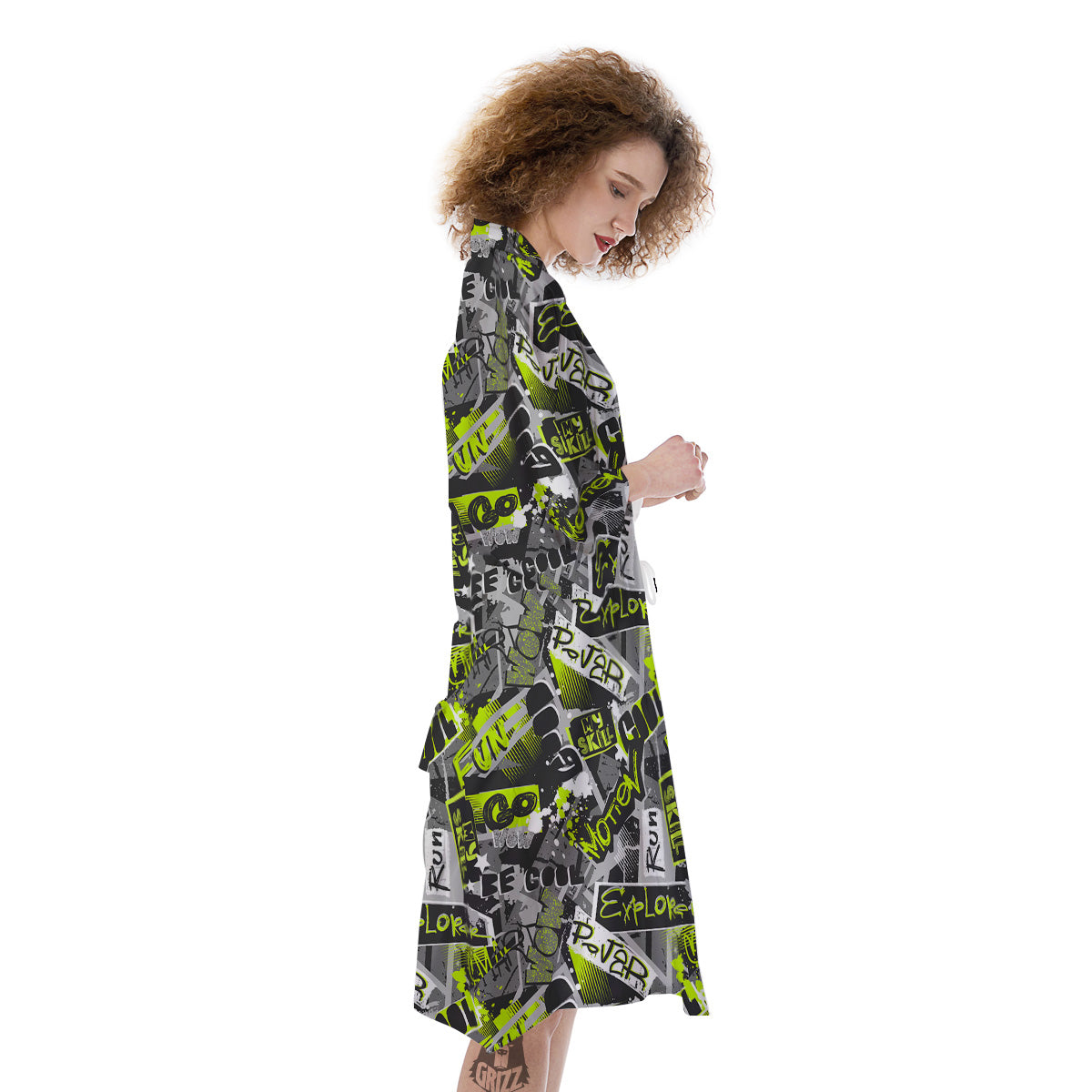 Abstract Grey And Neon Green Graffiti Print Pattern Kimono-grizzshop