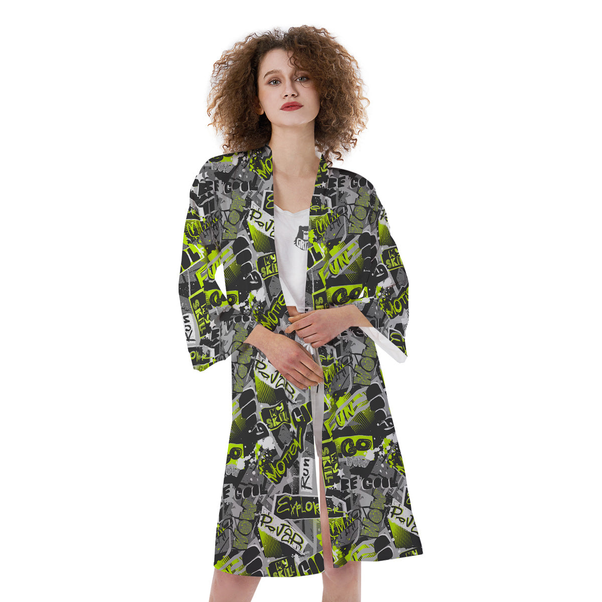 Abstract Grey And Neon Green Graffiti Print Pattern Kimono-grizzshop