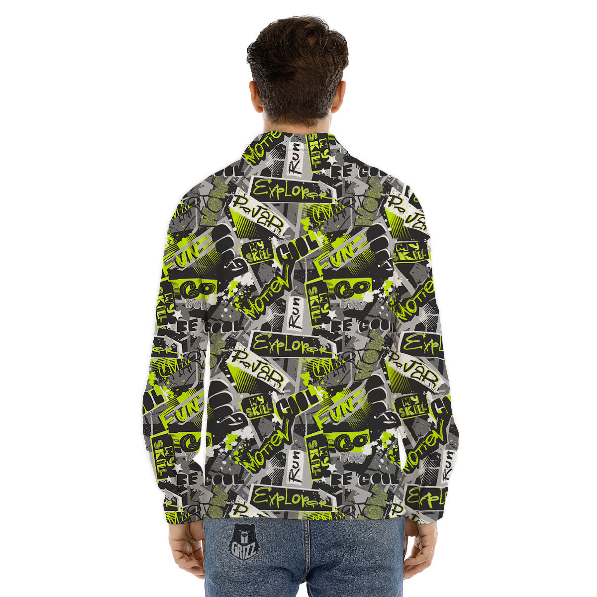 Abstract Grey And Neon Green Graffiti Print Pattern Men's Dress Shirts-grizzshop