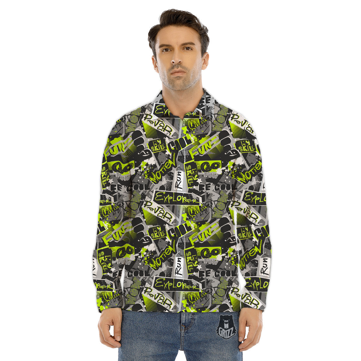 Abstract Grey And Neon Green Graffiti Print Pattern Men's Dress Shirts-grizzshop