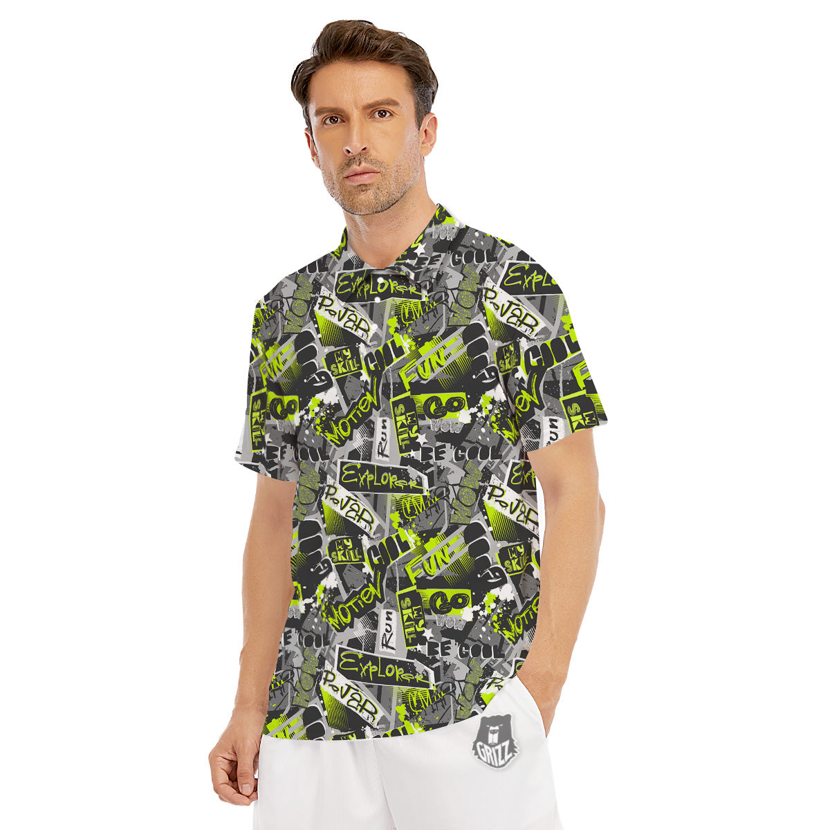 Abstract Grey And Neon Green Graffiti Print Pattern Men's Golf Shirts-grizzshop