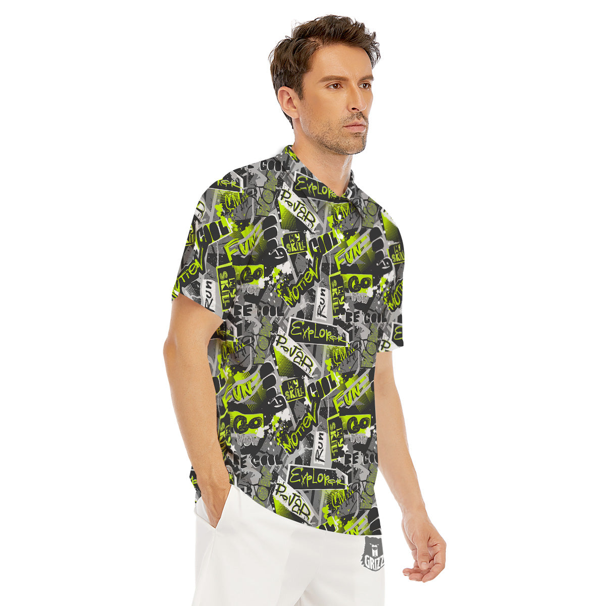 Abstract Grey And Neon Green Graffiti Print Pattern Men's Golf Shirts-grizzshop