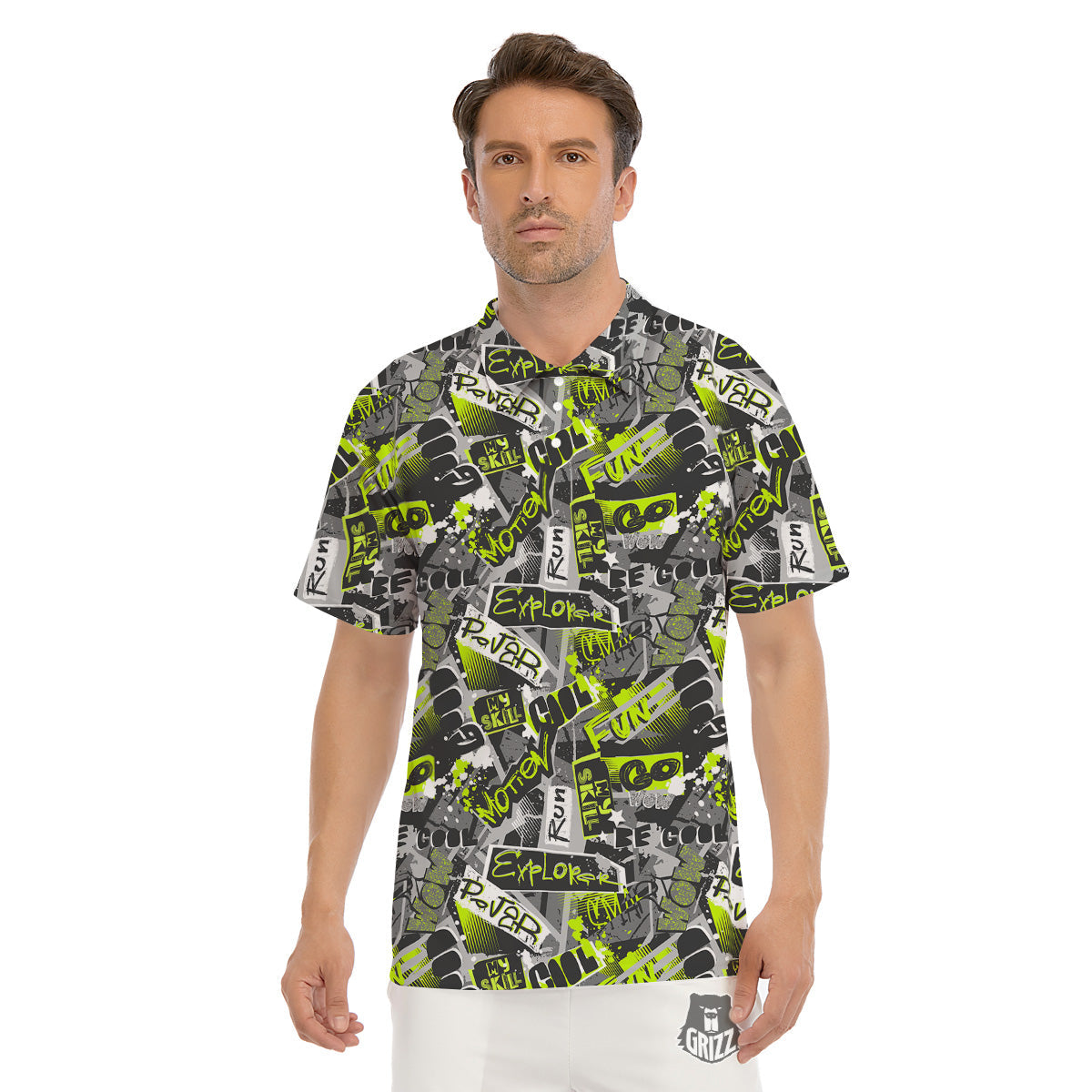 Abstract Grey And Neon Green Graffiti Print Pattern Men's Golf Shirts-grizzshop