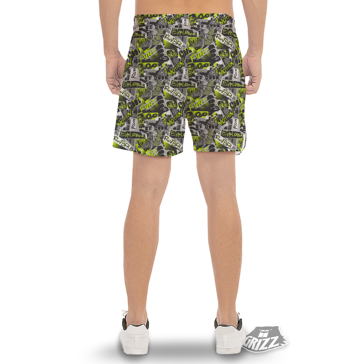 Abstract Grey And Neon Green Graffiti Print Pattern Men's Gym Shorts-grizzshop