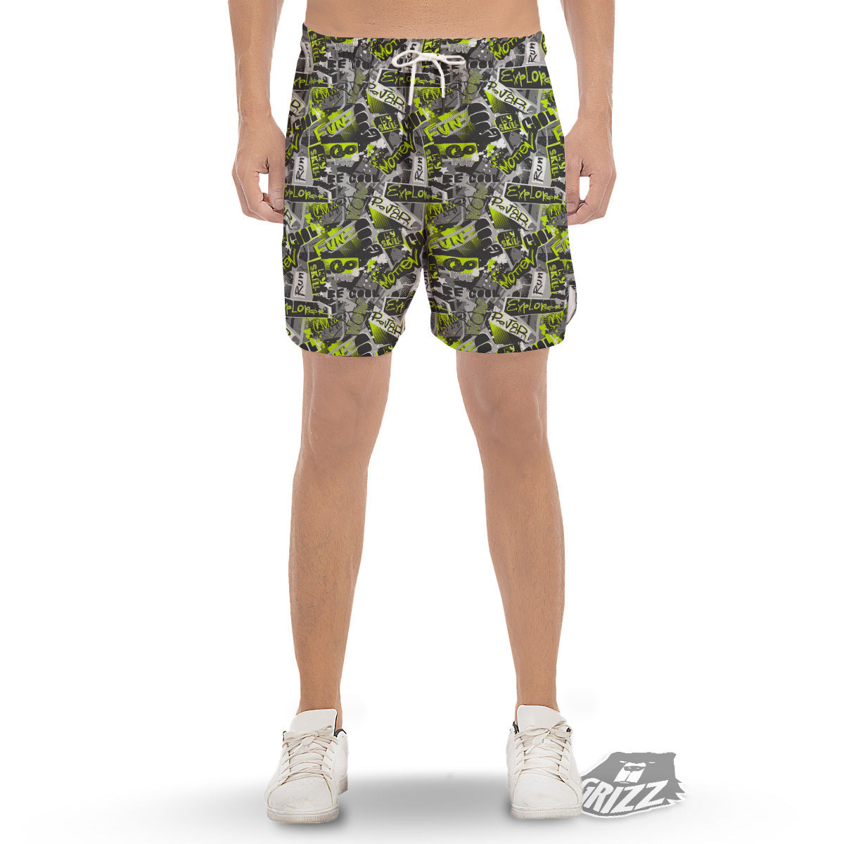 Abstract Grey And Neon Green Graffiti Print Pattern Men's Gym Shorts-grizzshop