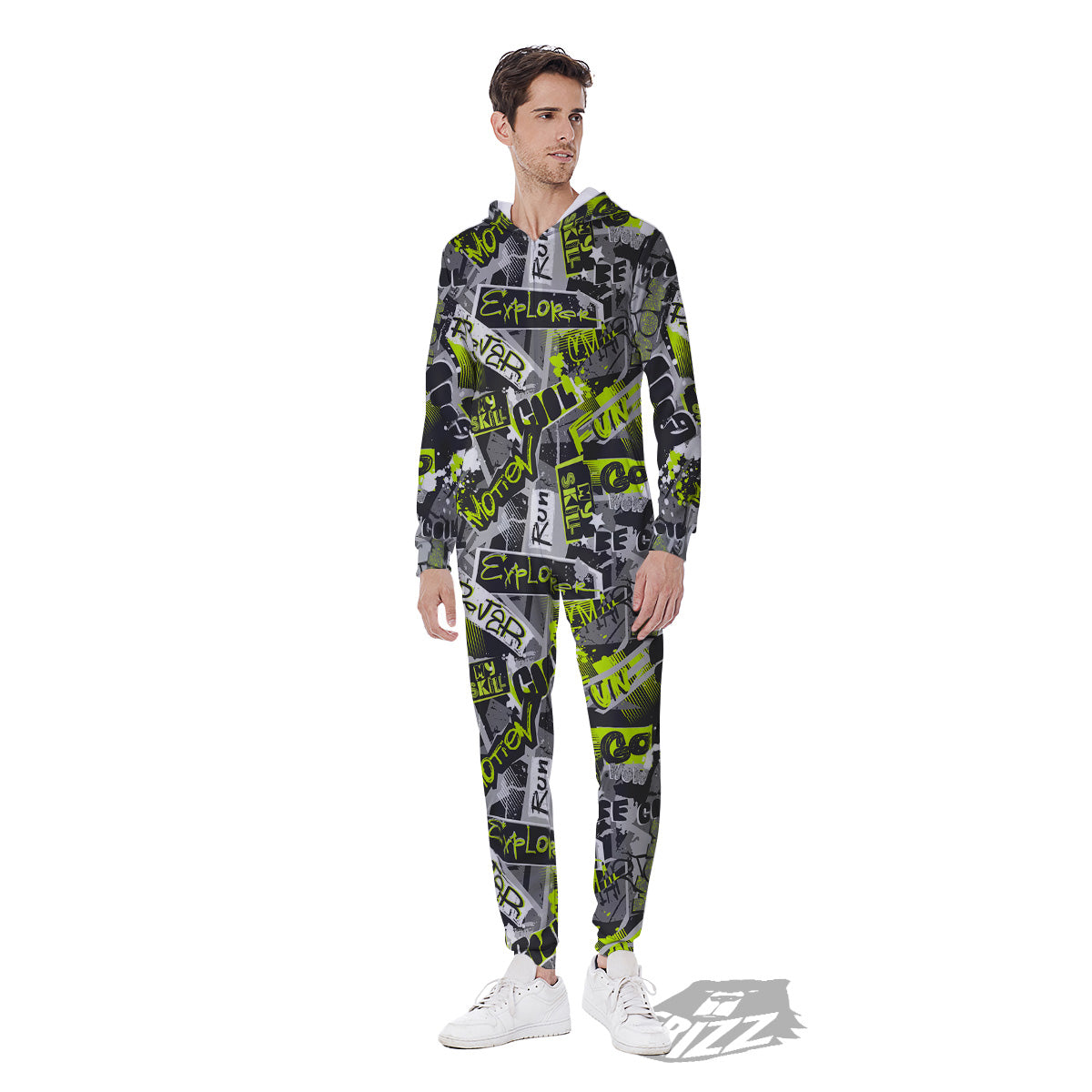 Abstract Grey And Neon Green Graffiti Print Pattern Men's Jumpsuit-grizzshop