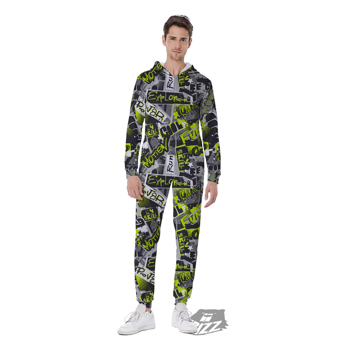 Abstract Grey And Neon Green Graffiti Print Pattern Men's Jumpsuit-grizzshop