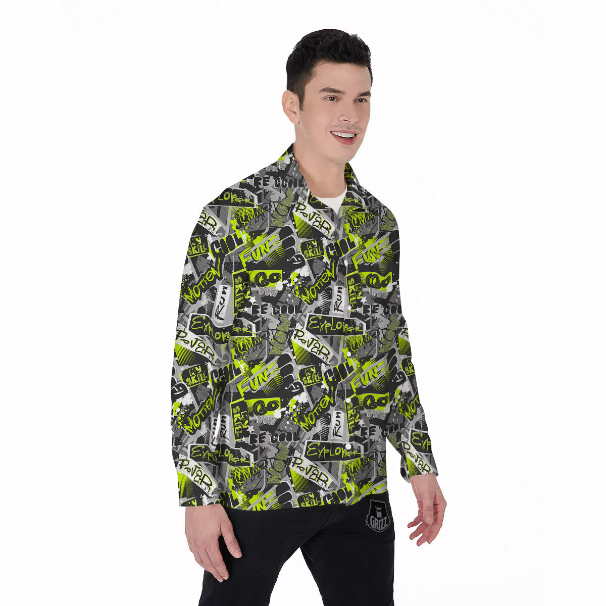 Abstract Grey And Neon Green Graffiti Print Pattern Men's Long Sleeve Shirts-grizzshop