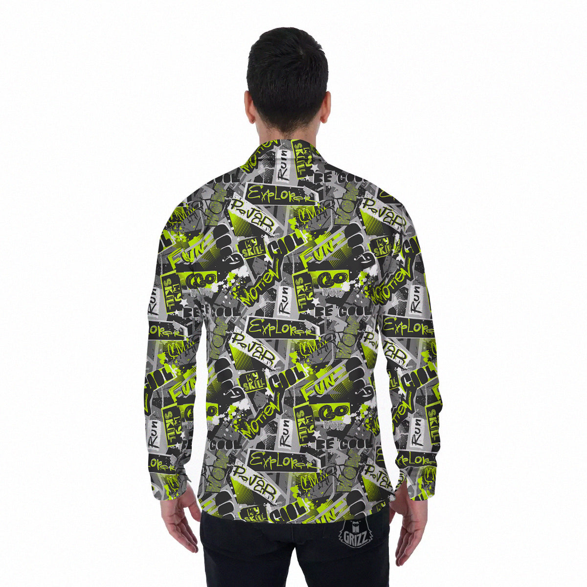 Abstract Grey And Neon Green Graffiti Print Pattern Men's Long Sleeve Shirts-grizzshop