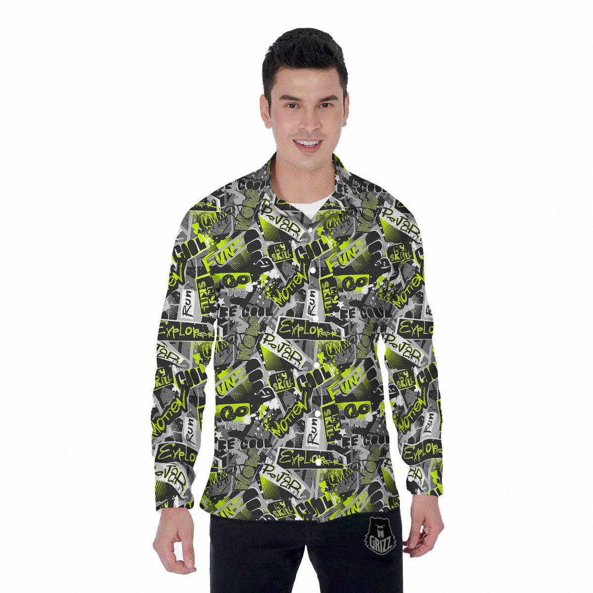 Abstract Grey And Neon Green Graffiti Print Pattern Men's Long Sleeve Shirts-grizzshop