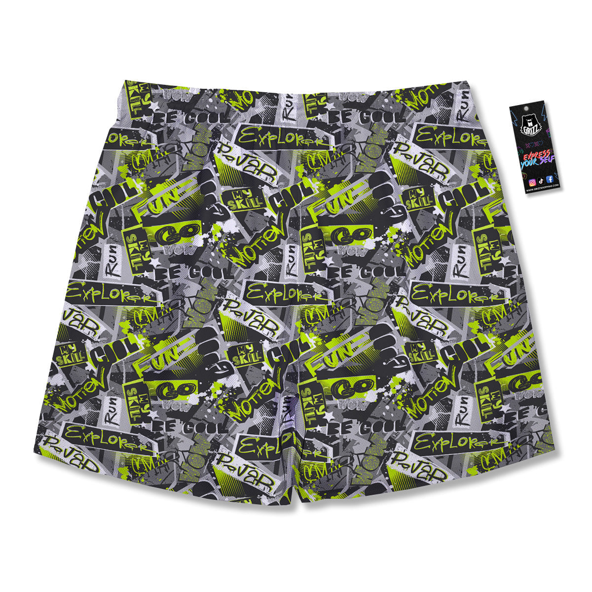 Abstract Grey And Neon Green Graffiti Print Pattern Men's Running Shorts-grizzshop