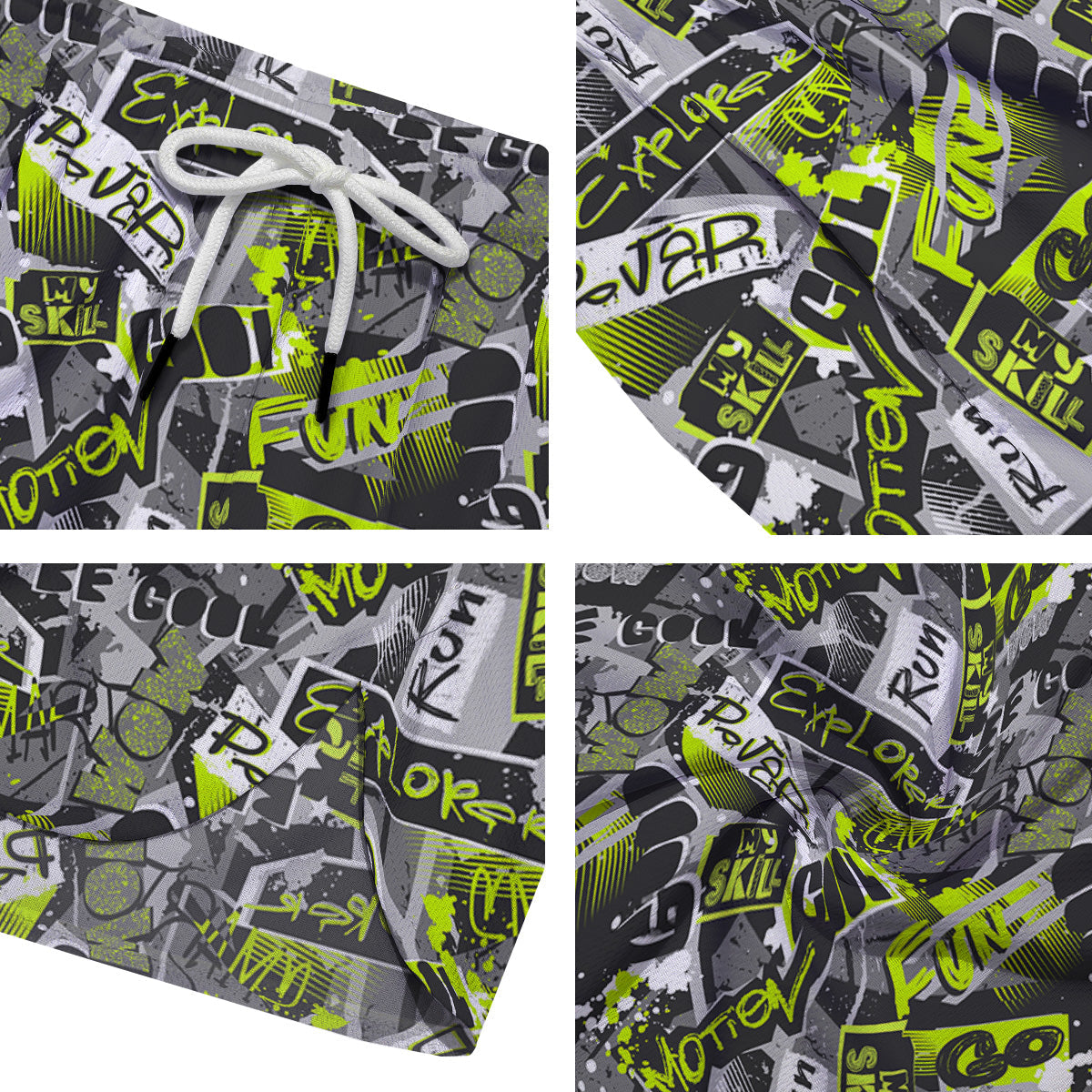 Abstract Grey And Neon Green Graffiti Print Pattern Men's Running Shorts-grizzshop