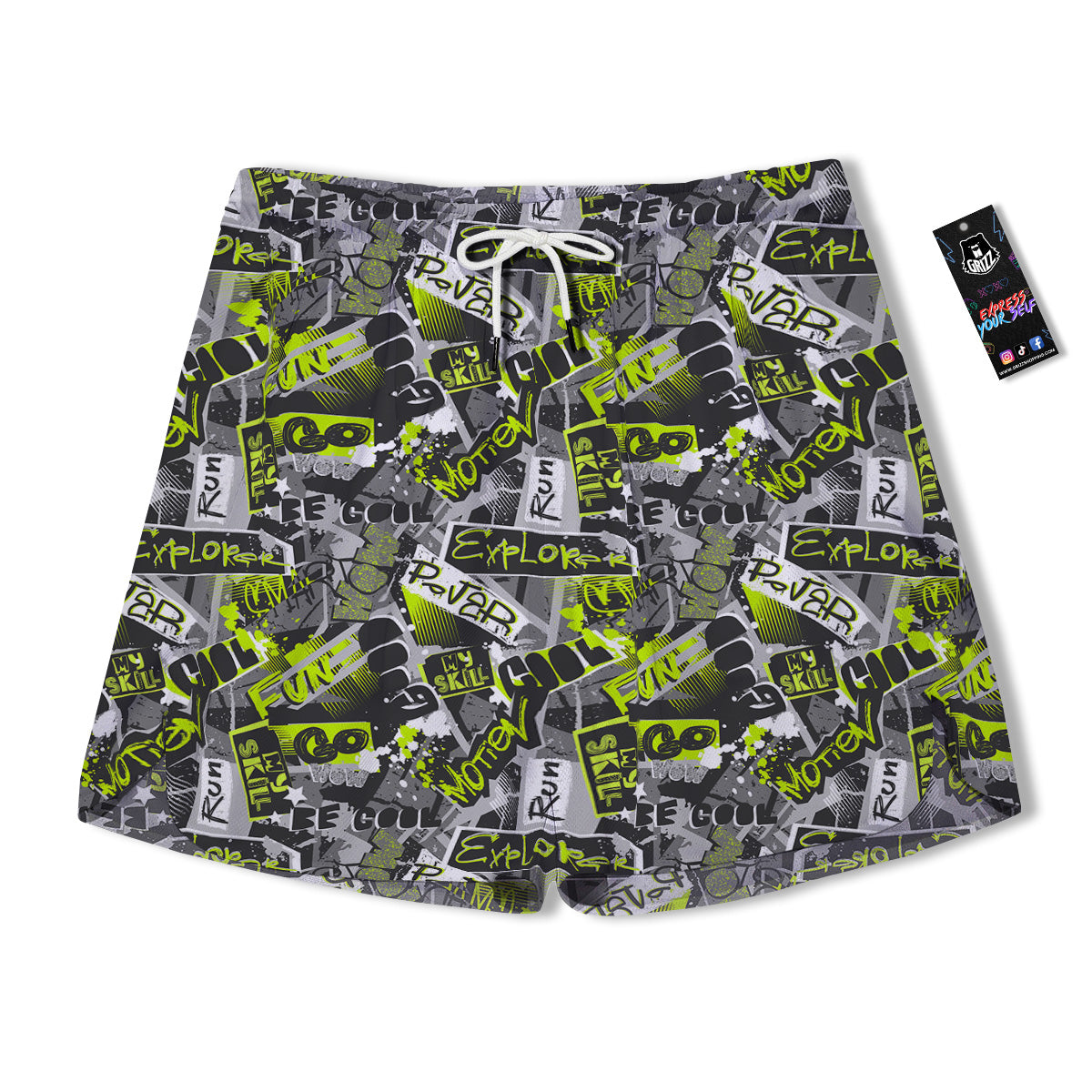 Abstract Grey And Neon Green Graffiti Print Pattern Men's Running Shorts-grizzshop