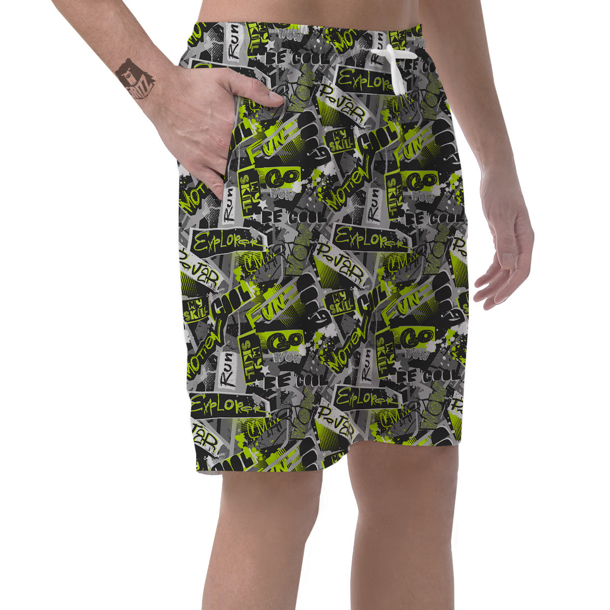 Abstract Grey And Neon Green Graffiti Print Pattern Men's Shorts-grizzshop
