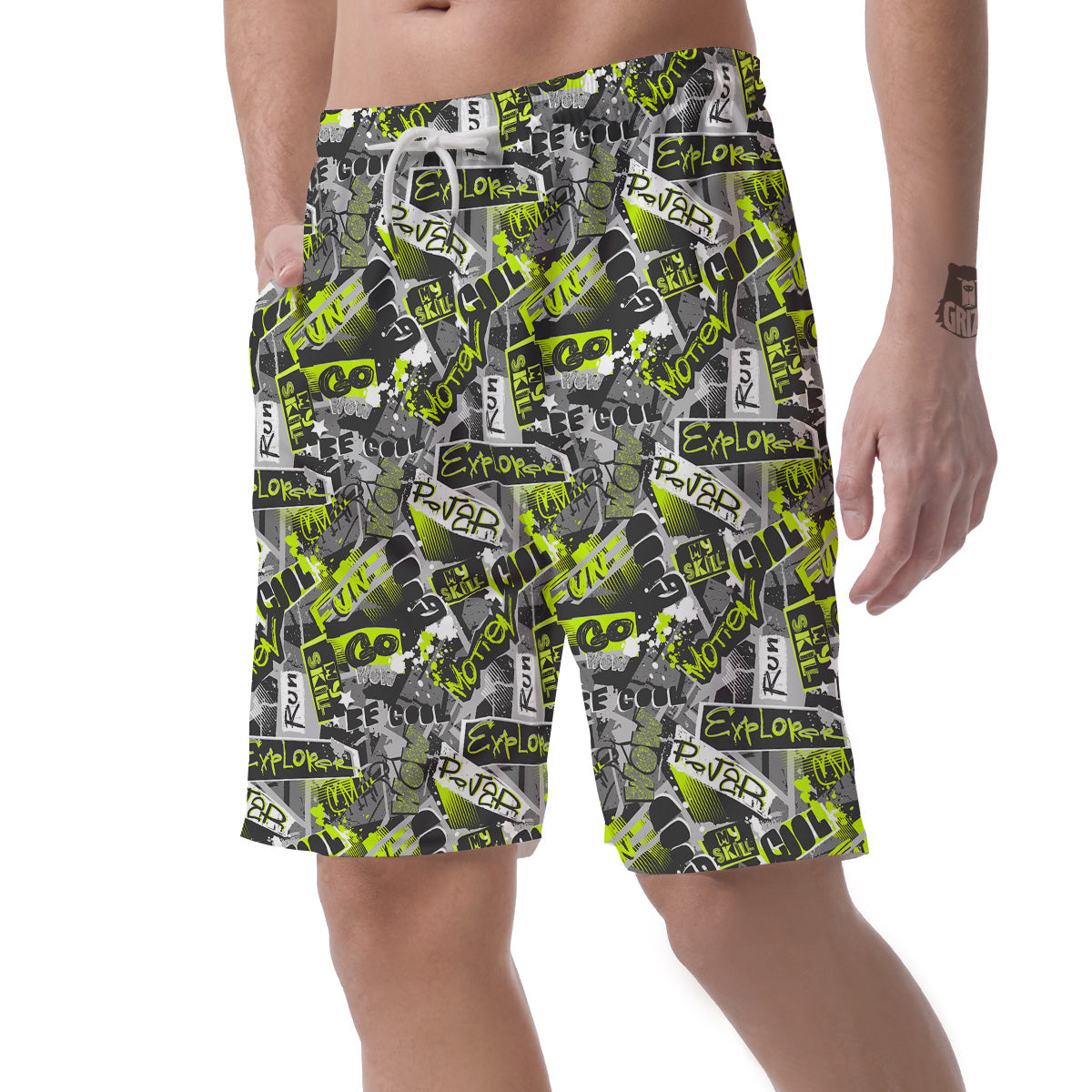 Abstract Grey And Neon Green Graffiti Print Pattern Men's Shorts-grizzshop