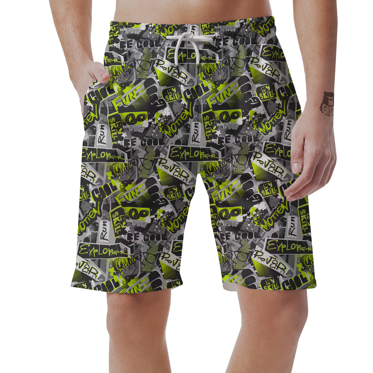 Abstract Grey And Neon Green Graffiti Print Pattern Men's Shorts-grizzshop
