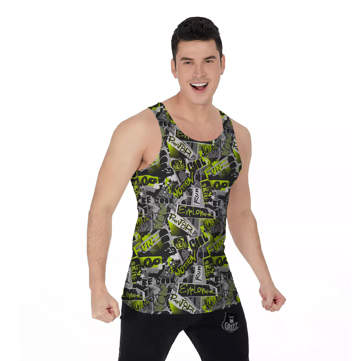 Abstract Grey And Neon Green Graffiti Print Pattern Men's Tank Top-grizzshop