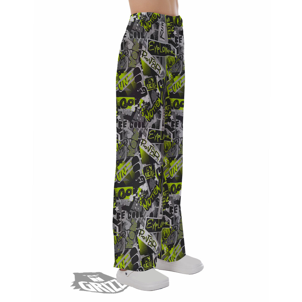 Abstract Grey And Neon Green Graffiti Print Pattern Pajama Pants-grizzshop