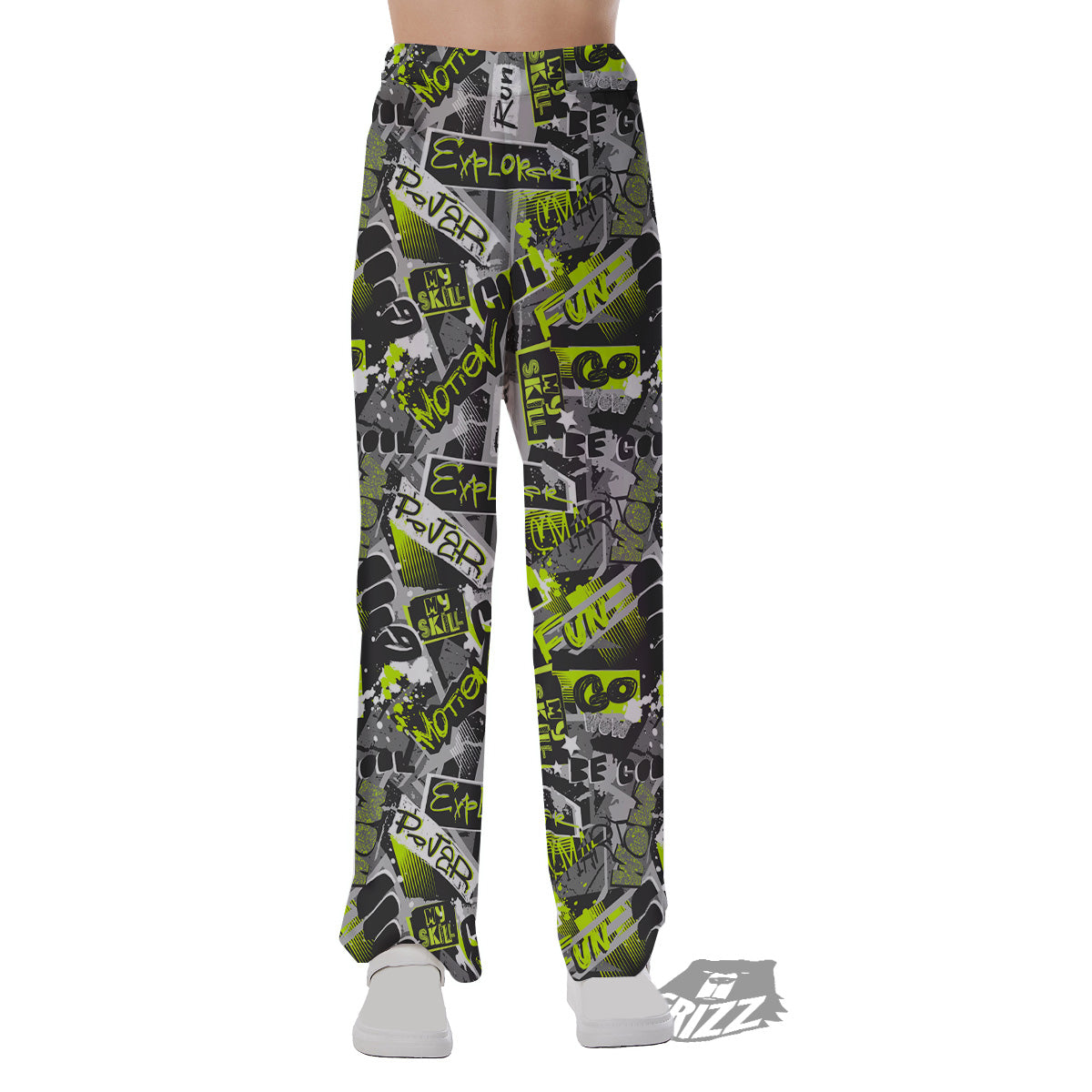 Abstract Grey And Neon Green Graffiti Print Pattern Pajama Pants-grizzshop