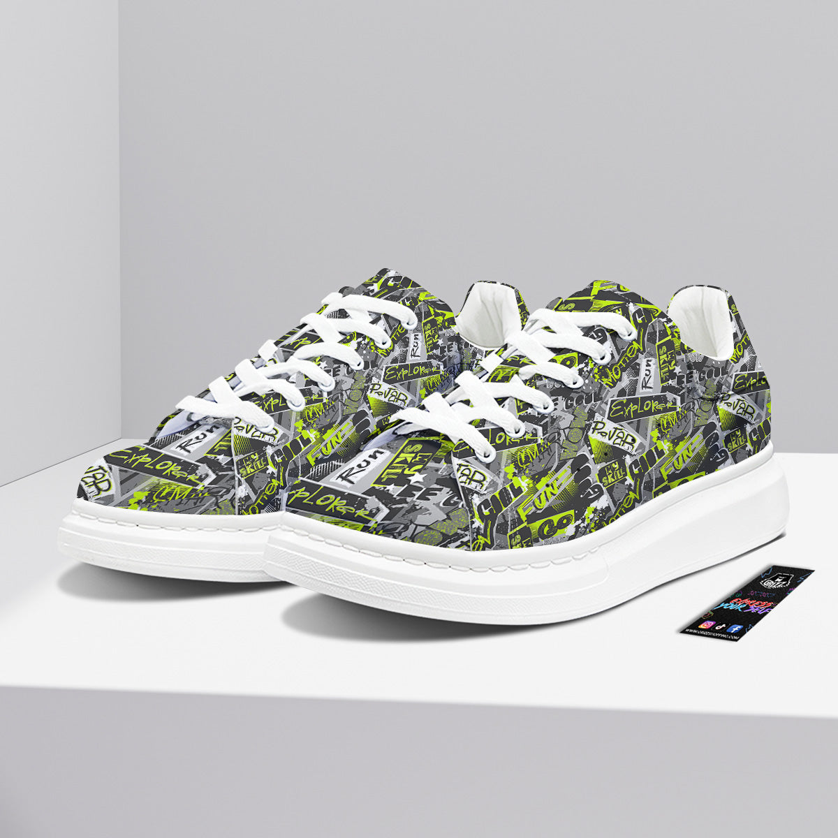 Abstract Grey And Neon Green Graffiti Print Pattern Platform Shoes-grizzshop