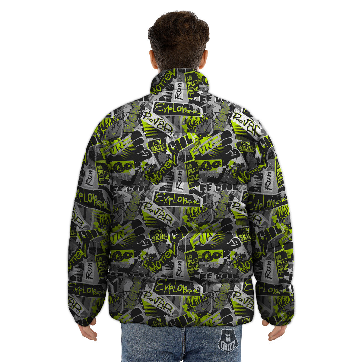 Abstract Grey And Neon Green Graffiti Print Pattern Puffer Jacket-grizzshop