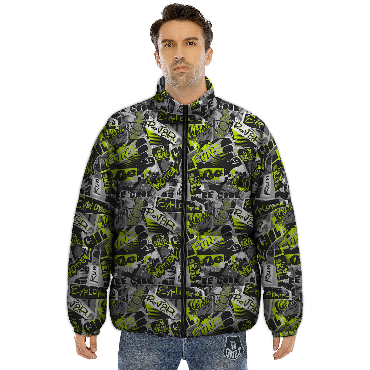 Abstract Grey And Neon Green Graffiti Print Pattern Puffer Jacket-grizzshop