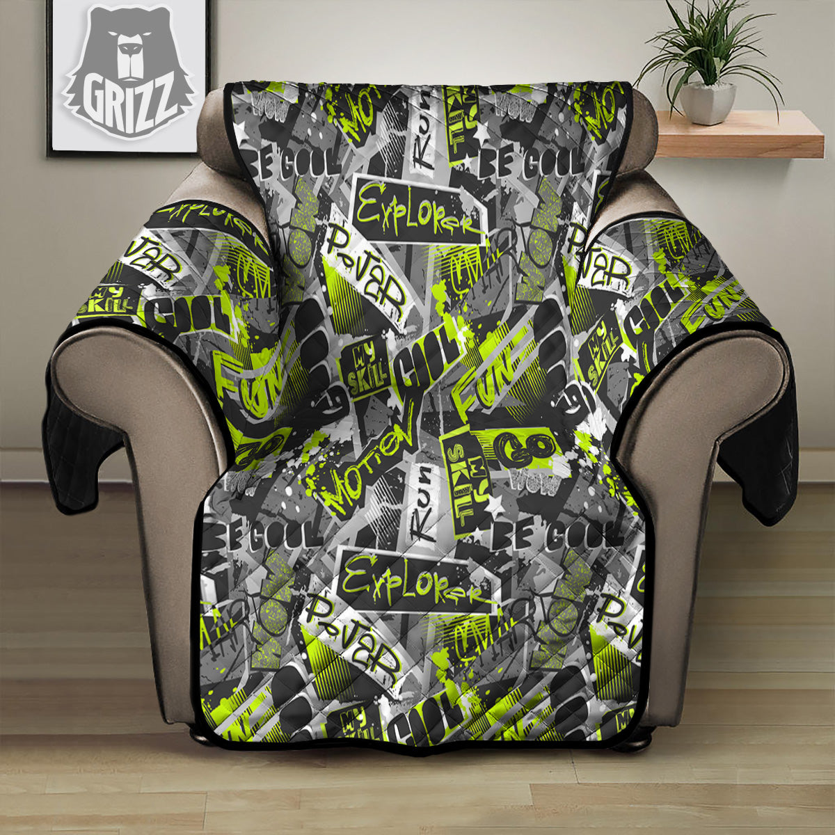 Abstract Grey And Neon Green Graffiti Print Pattern Recliner Protector-grizzshop