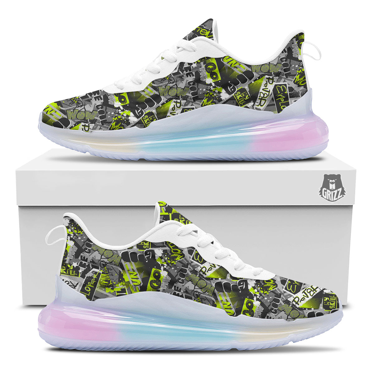 Abstract Grey And Neon Green Graffiti Print Pattern Running Sneakers-grizzshop