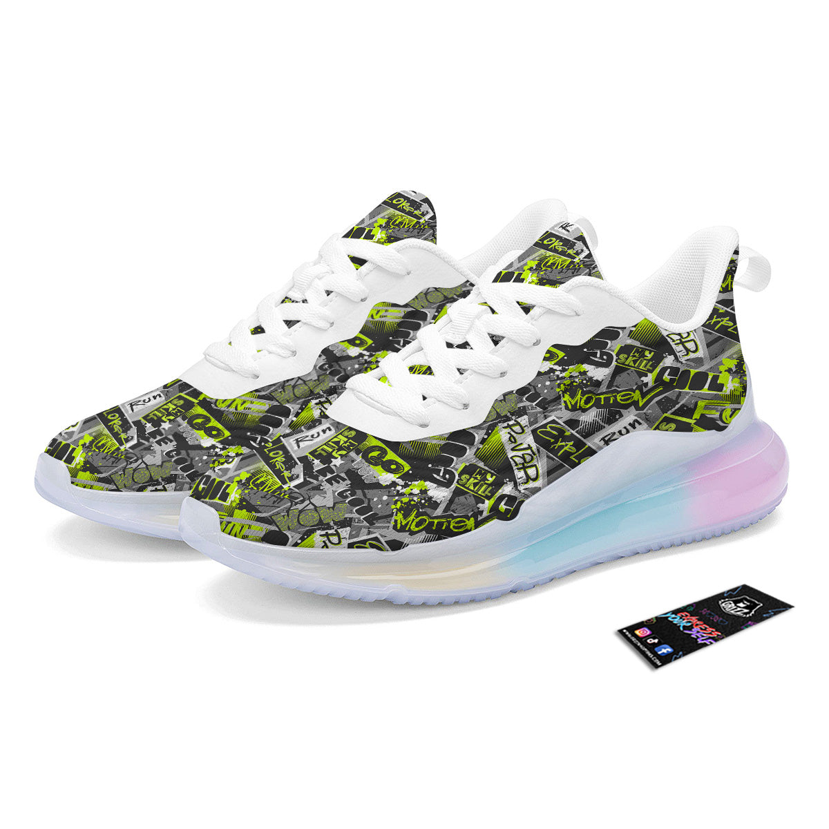 Abstract Grey And Neon Green Graffiti Print Pattern Running Sneakers-grizzshop