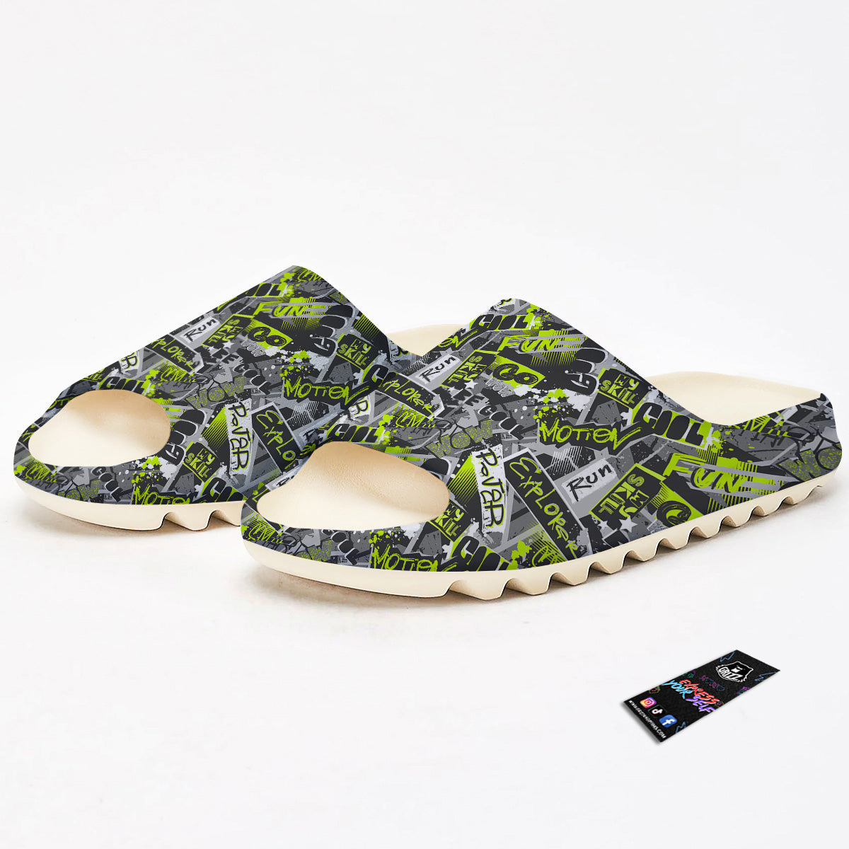 Abstract Grey And Neon Green Graffiti Print Pattern Sandals-grizzshop