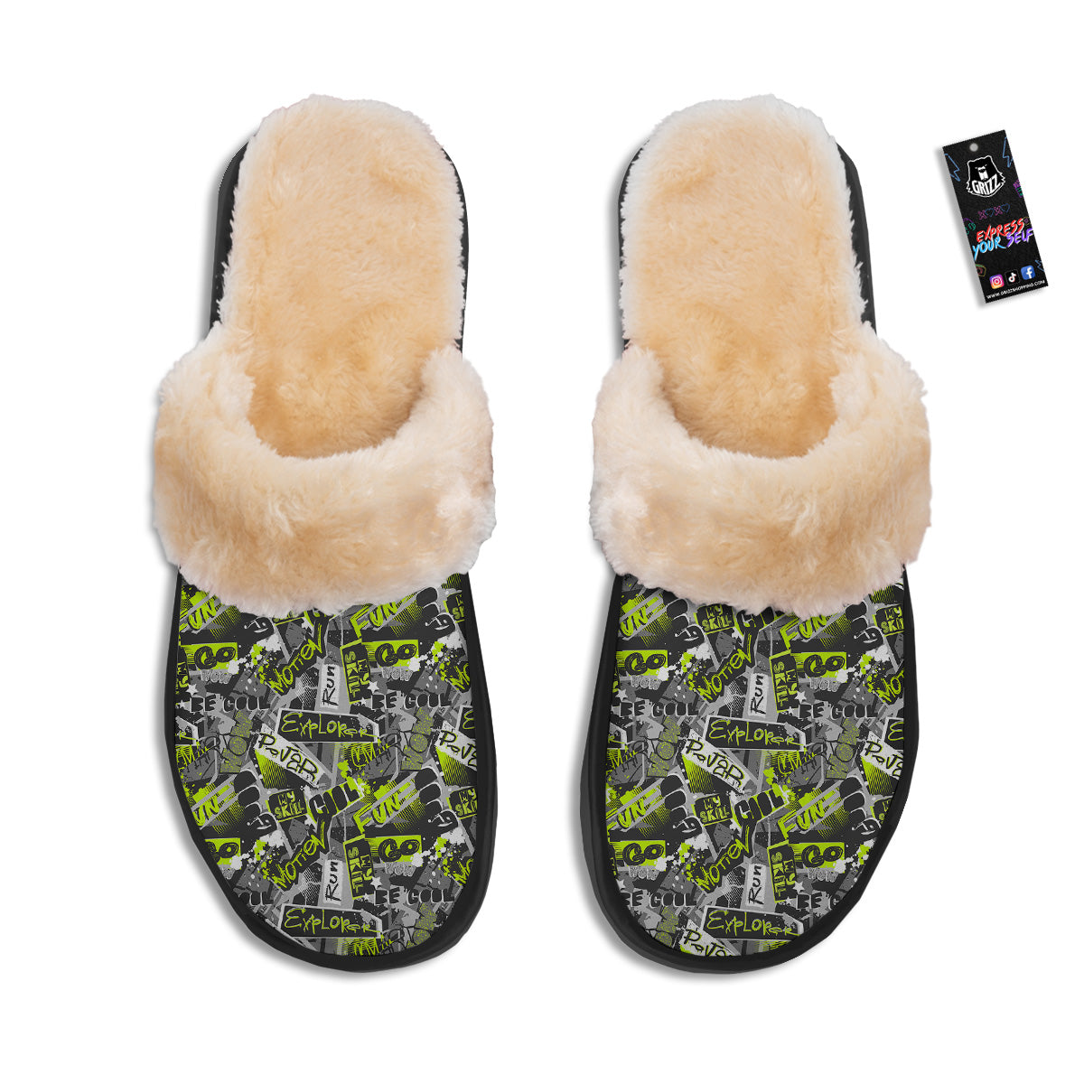 Abstract Grey And Neon Green Graffiti Print Pattern Slippers-grizzshop