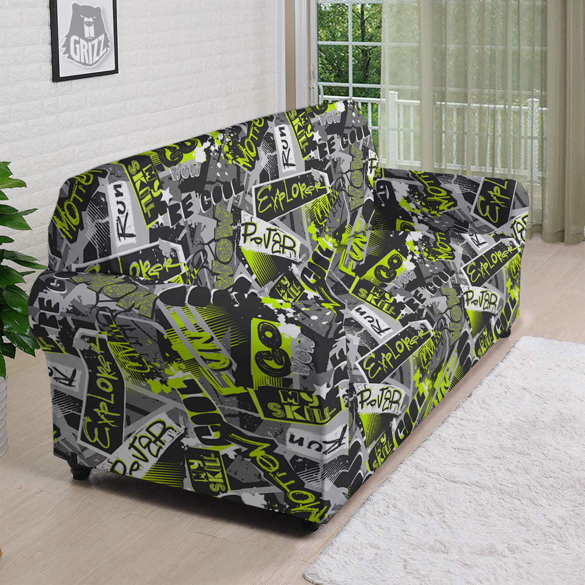 Abstract Grey And Neon Green Graffiti Print Pattern Sofa Cover-grizzshop