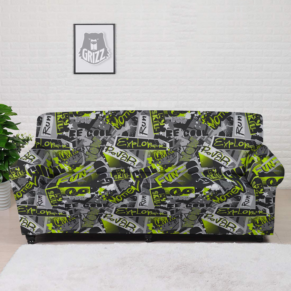 Abstract Grey And Neon Green Graffiti Print Pattern Sofa Cover-grizzshop