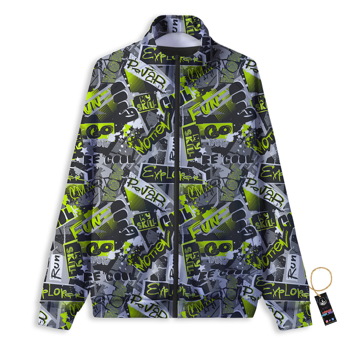 Abstract Grey And Neon Green Graffiti Print Pattern Track Jacket-grizzshop