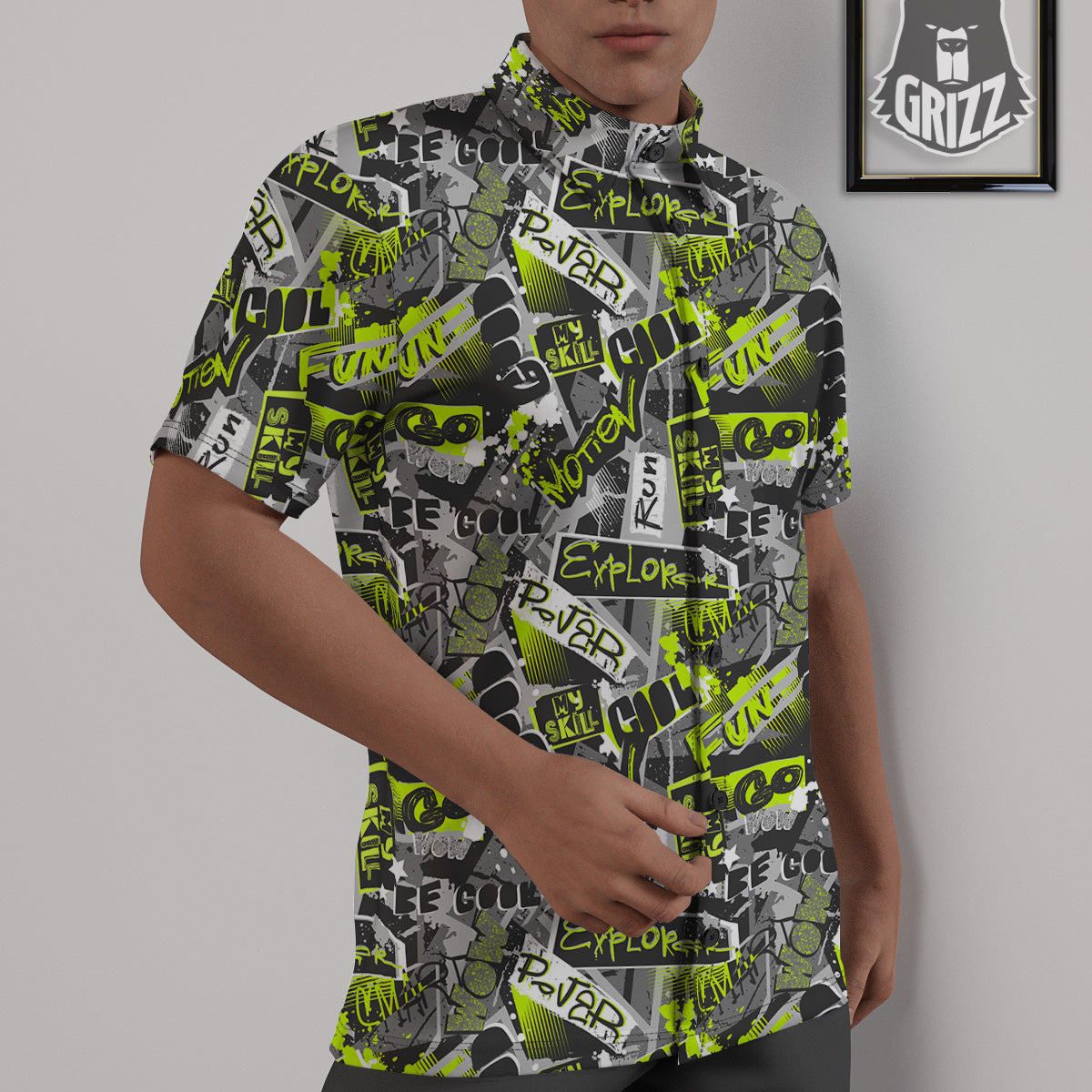 Abstract Grey And Neon Green Graffiti Print Pattern Untucked Shirts-grizzshop