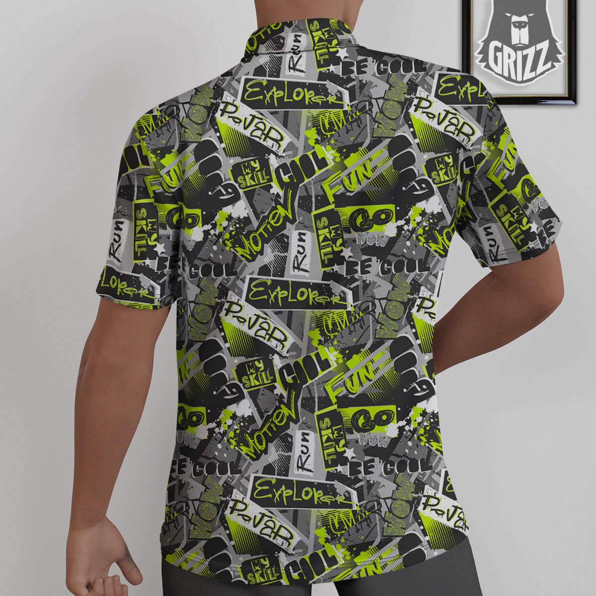 Abstract Grey And Neon Green Graffiti Print Pattern Untucked Shirts-grizzshop