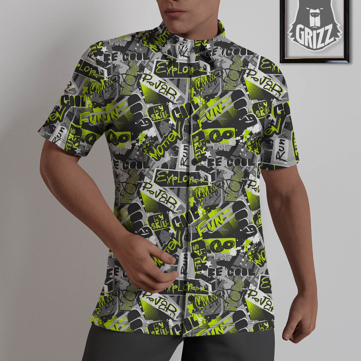 Abstract Grey And Neon Green Graffiti Print Pattern Untucked Shirts-grizzshop